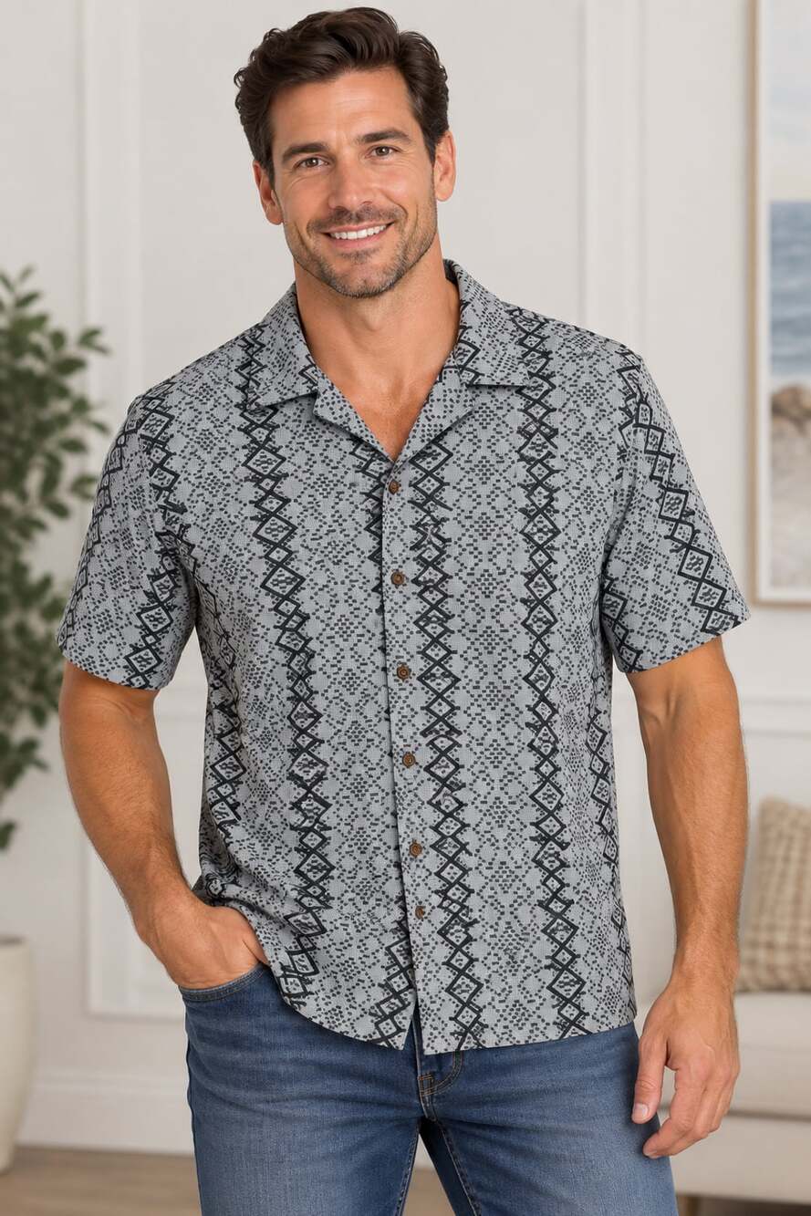 Distortion Geometric Pattern Short Sleeve Button Up Shirt Size L Gray Black